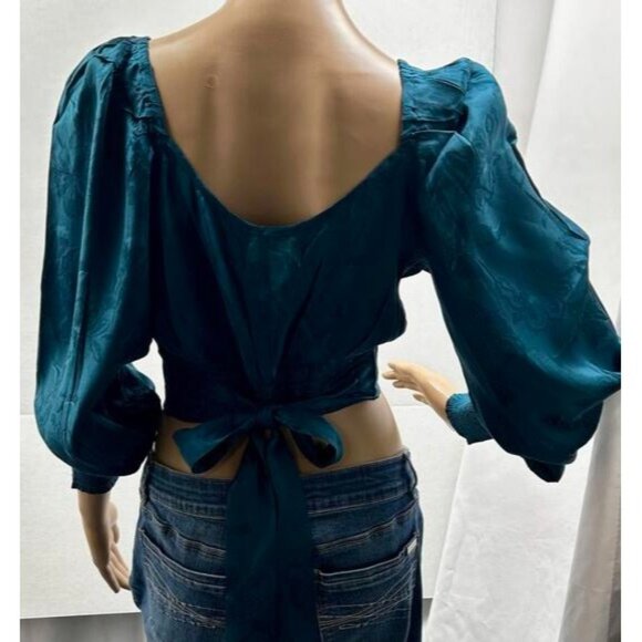 Band of the Free Top Womens Medium Wrap Crop Teal Satin Jacquard Festival Glam - Picture 2 of 10